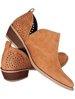 JITUUE Ankle Boots for women Casual Cut Out Slip On Low Heel Short Chunky Stacked Heel Perforated Side V Cut Western Booties Cutout Shoes