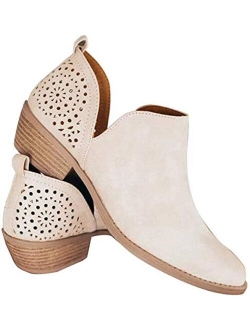 JITUUE Ankle Boots for women Casual Cut Out Slip On Low Heel Short Chunky Stacked Heel Perforated Side V Cut Western Booties Cutout Shoes