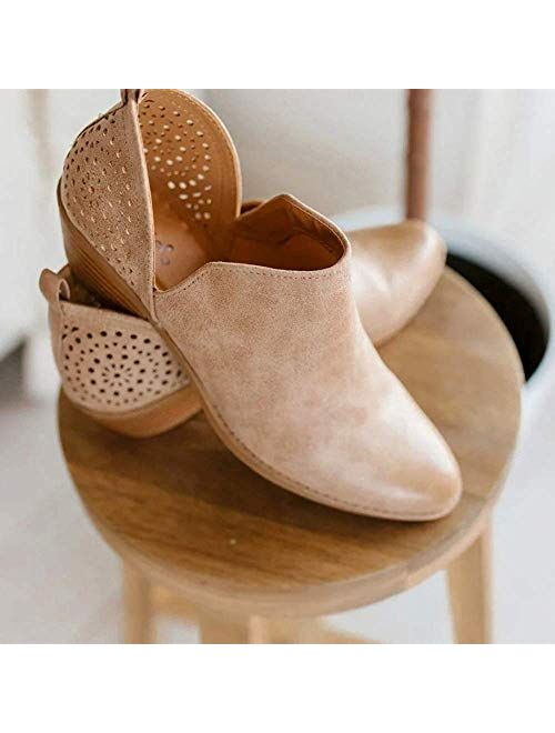 JITUUE Ankle Boots for women Casual Cut Out Slip On Low Heel Short Chunky Stacked Heel Perforated Side V Cut Western Booties Cutout Shoes