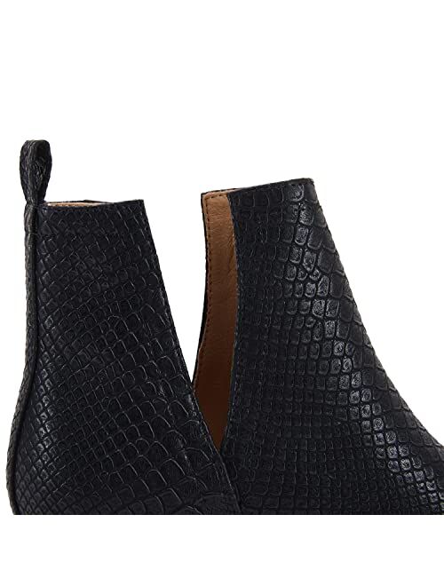 LAICIGO Women's V Cut Ankle Booties Chunky Stacked Heel Closed Toe Perforated Slip on Faux Leather Western Boots