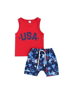 Noubeau 4th of July Toddler Baby Boy Outfit Summer Letter Print American Flag Short Sleeve Top+Drawstring Star Stripes Shorts Set