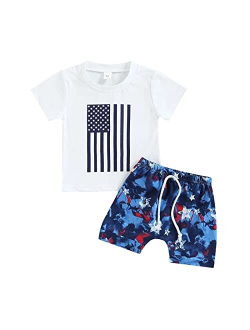 Noubeau 4th of July Toddler Baby Boy Outfit Summer Letter Print American Flag Short Sleeve Top+Drawstring Star Stripes Shorts Set