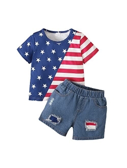 Fryaid Toddler Baby Boys 4th of July Outfits American Flag Tshirts Pocket Denim Shorts Infant Summer Clothes Sets