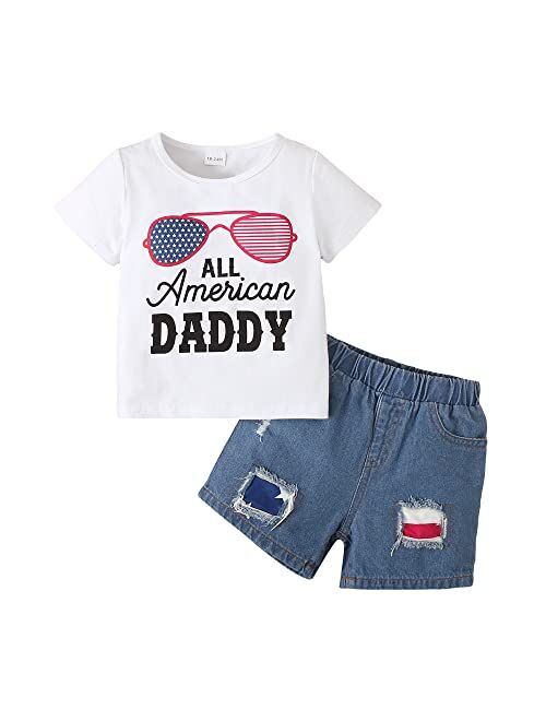 Fryaid Toddler Baby Boys 4th of July Outfits American Flag Tshirts Pocket Denim Shorts Infant Summer Clothes Sets