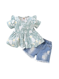 Mikrdoo Baby Girl Clothes Toddler Girl Summer Outfits Shirts Tops Ripped Denim Shorts Set Little Girl Clothes