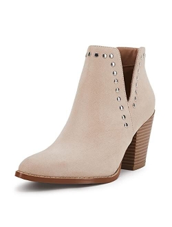 Rilista Women Ankle Boots Cutout Pointed Toe Chunky Block Mid Heel Slip on suede Elastic Panel Casual Chelsea Rivet Western Booties