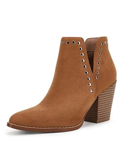 Rilista Women Ankle Boots Cutout Pointed Toe Chunky Block Mid Heel Slip on suede Elastic Panel Casual Chelsea Rivet Western Booties