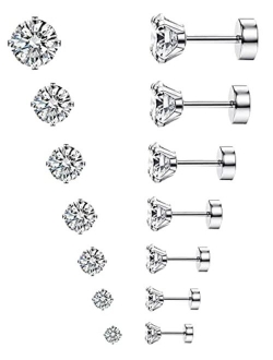 MJust 7 Pairs Stainless Steel Earrings 20G Cartilage Earrings Stud Hypoallergenic Cubic Zirconia Barbell Earring Set Flatback Earrings for Women Men 2MM-8MM