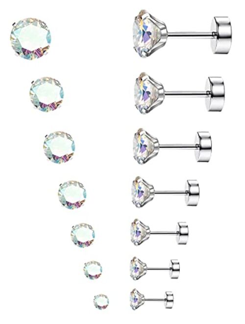 MJust 7 Pairs Stainless Steel Earrings 20G Cartilage Earrings Stud Hypoallergenic Cubic Zirconia Barbell Earring Set Flatback Earrings for Women Men 2MM-8MM