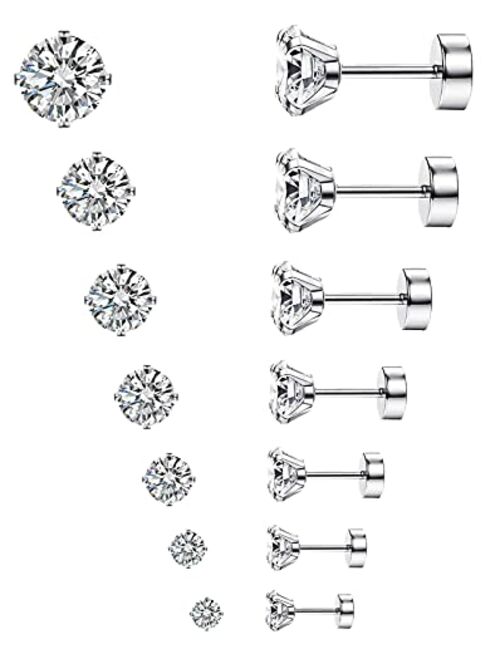 MJust 7 Pairs Stainless Steel Earrings 20G Cartilage Earrings Stud Hypoallergenic Cubic Zirconia Barbell Earring Set Flatback Earrings for Women Men 2MM-8MM