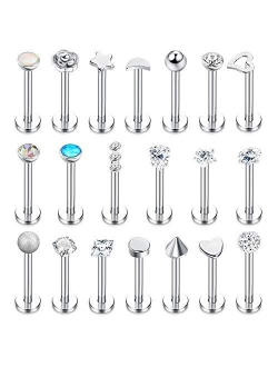 Subiceto 16G Stainless Steel Forward Helix Monroe Labret Lip Nose Studs for Men Women Tragus Cartilage Stud Earrings CZ Balls Heart Flower Medusa Piercings 20 PCS