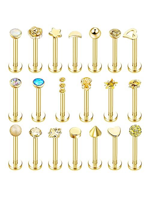 Subiceto 16G Stainless Steel Forward Helix Monroe Labret Lip Nose Studs for Men Women Tragus Cartilage Stud Earrings CZ Balls Heart Flower Medusa Piercings 20 PCS