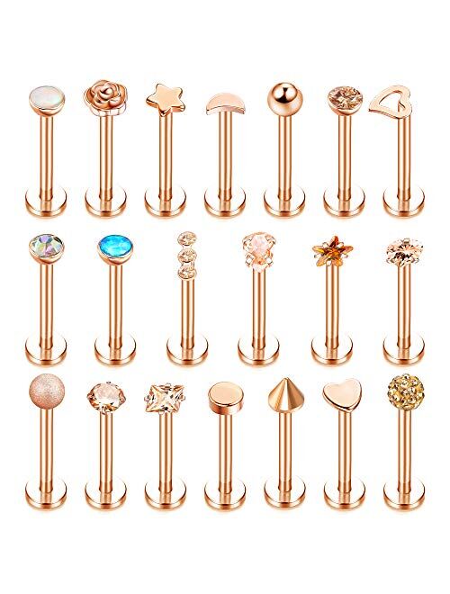 Subiceto 16G Stainless Steel Forward Helix Monroe Labret Lip Nose Studs for Men Women Tragus Cartilage Stud Earrings CZ Balls Heart Flower Medusa Piercings 20 PCS