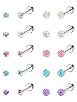 Jstyle 10Pairs 18G Ear Stud Earrings for Women Stainless Steel Cubic Zirconia Earrings Tragus Cartilage Piercing Barbell Screwback Earrings Set