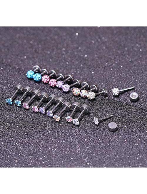 Jstyle 10Pairs 18G Ear Stud Earrings for Women Stainless Steel Cubic Zirconia Earrings Tragus Cartilage Piercing Barbell Screwback Earrings Set