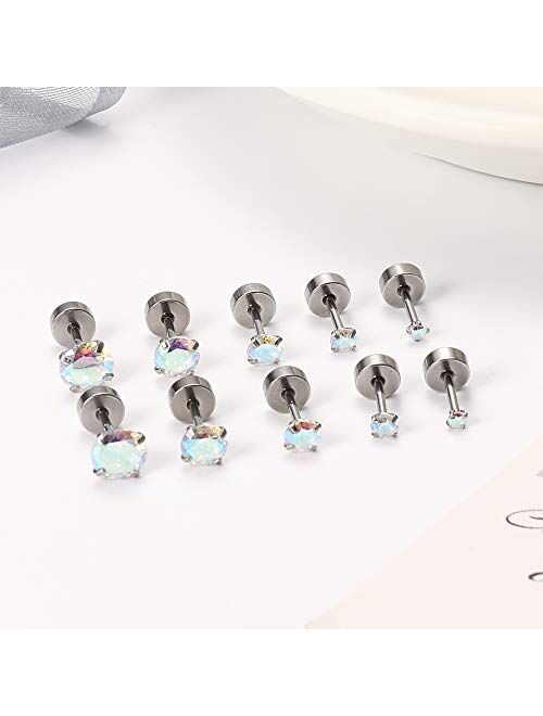 Drperfect 5Pairs 18G Stainless Steel CZ Stud Earrings for Women Men Cartilage Helix Earrings Set Round Cubic Zirconia Screwback Flat Back Stud Ear Piercing