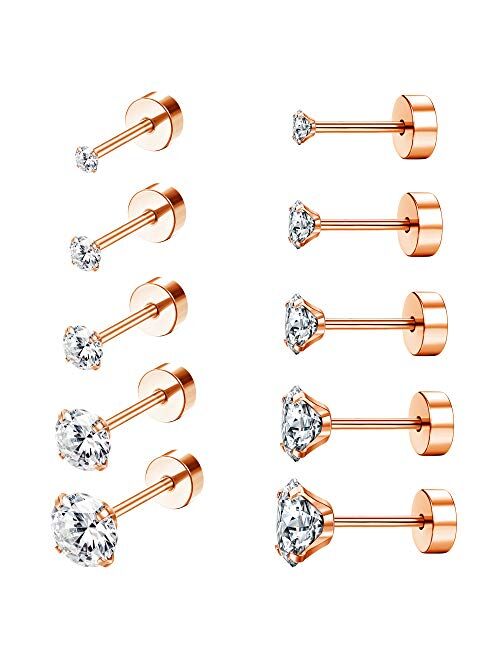 Drperfect 5Pairs 18G Stainless Steel CZ Stud Earrings for Women Men Cartilage Helix Earrings Set Round Cubic Zirconia Screwback Flat Back Stud Ear Piercing