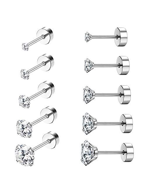 Drperfect 5Pairs 18G Stainless Steel CZ Stud Earrings for Women Men Cartilage Helix Earrings Set Round Cubic Zirconia Screwback Flat Back Stud Ear Piercing