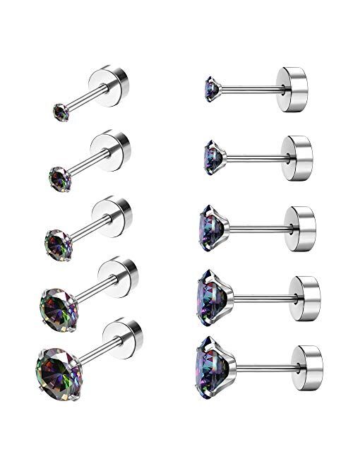 Drperfect 5Pairs 18G Stainless Steel CZ Stud Earrings for Women Men Cartilage Helix Earrings Set Round Cubic Zirconia Screwback Flat Back Stud Ear Piercing