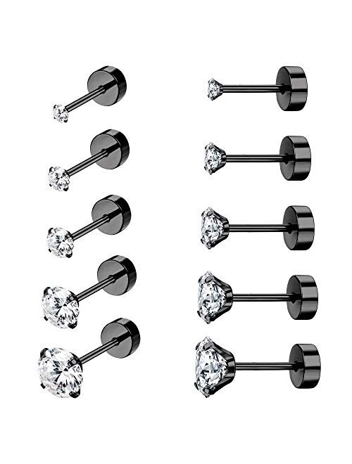 Drperfect 5Pairs 18G Stainless Steel CZ Stud Earrings for Women Men Cartilage Helix Earrings Set Round Cubic Zirconia Screwback Flat Back Stud Ear Piercing