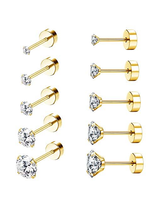 Drperfect 5Pairs 18G Stainless Steel CZ Stud Earrings for Women Men Cartilage Helix Earrings Set Round Cubic Zirconia Screwback Flat Back Stud Ear Piercing