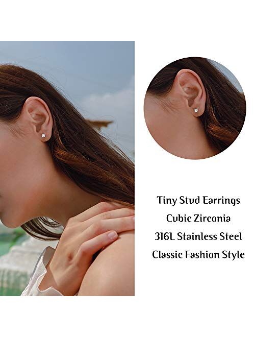 HANPABUM 12 Pairs Stainless Steel Tiny Stud Earrings 2MM Cubic Zirconia Stud Earring Clear CZ Earrings Set for Women Men