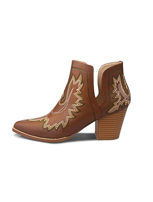 Carcuume Women's Western Booties Cowboy Ankle Boots Cowgirl Faux Leather Boots Chunky Heel Point Toe Booties