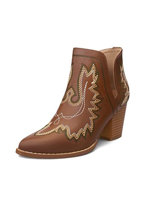 Carcuume Women's Western Booties Cowboy Ankle Boots Cowgirl Faux Leather Boots Chunky Heel Point Toe Booties