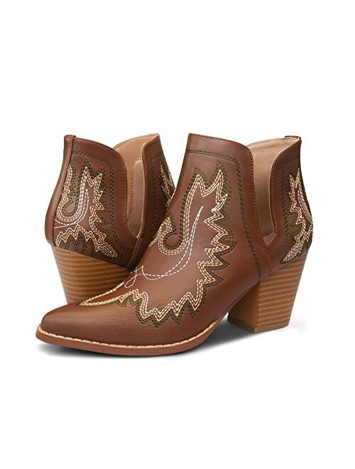 Carcuume Women's Western Booties Cowboy Ankle Boots Cowgirl Faux Leather Boots Chunky Heel Point Toe Booties