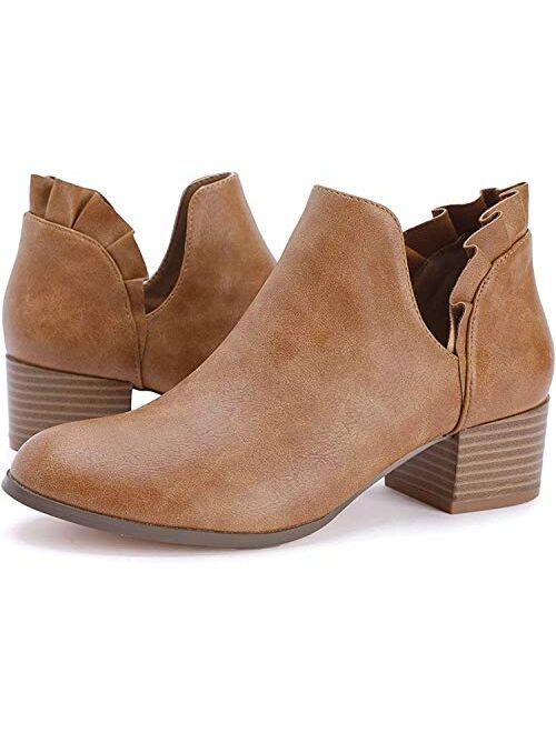 Fashare Womens Fall Cutout Booties Ankle Heels Low Stacked Ruffle Slip On Dress Short Boots Shoes