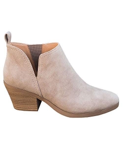 Coutgo Womens Cut Out Ankle Boots Chunky Stacked Heel Almond Toe Slip on Western Booties