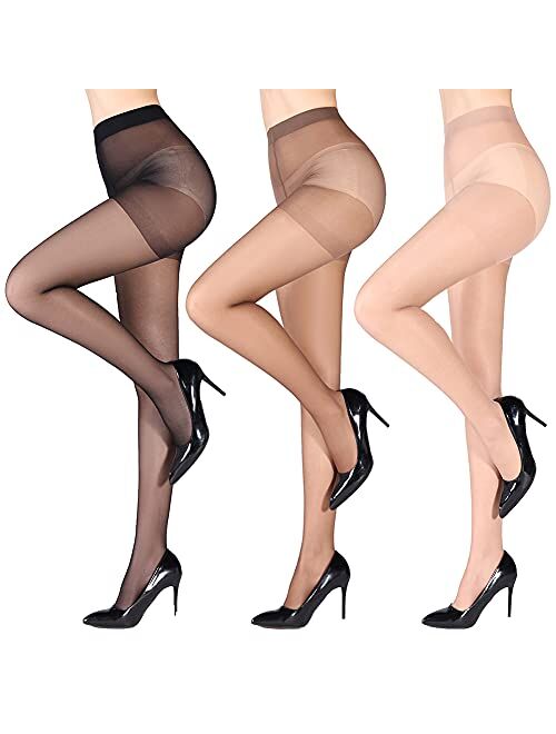 Undela 3 Pairs Women's Pantyhose with Control Top 20D Invisible Reinforced Toes