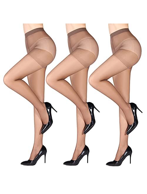 Undela 3 Pairs Women's Pantyhose with Control Top 20D Invisible Reinforced Toes