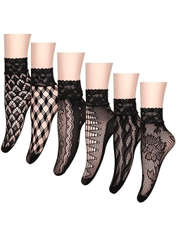 Jusback 6 Pairs Lace Fishnet Ankle Socks for Women Anklet Socks for Dress