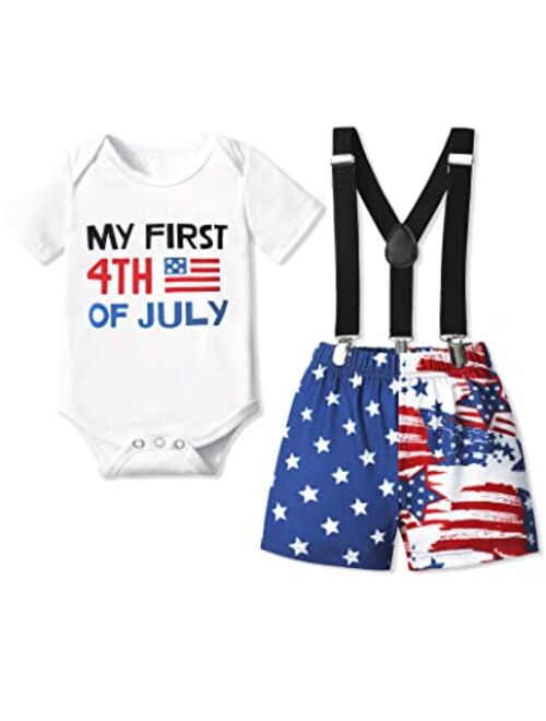 Agapeng Baby Boy My First 4th of July Outfits Newborn Infant Boy Clothes Short Sleeve Summer Romper American Flag Suspender Shorts