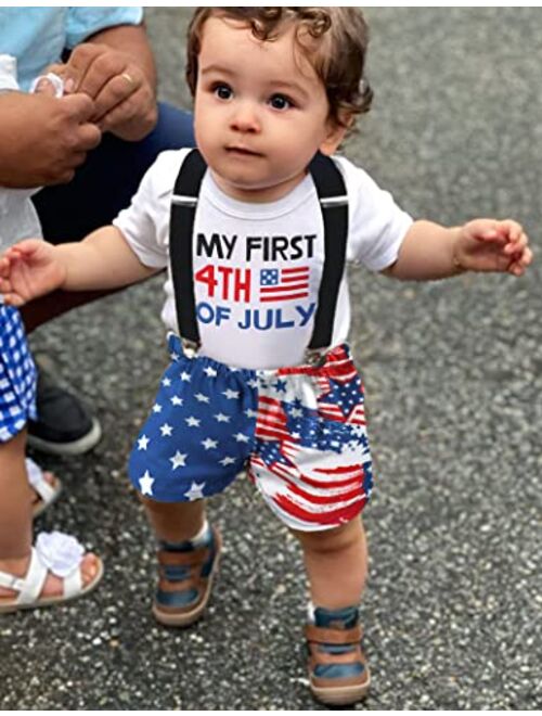 Agapeng Baby Boy My First 4th of July Outfits Newborn Infant Boy Clothes Short Sleeve Summer Romper American Flag Suspender Shorts