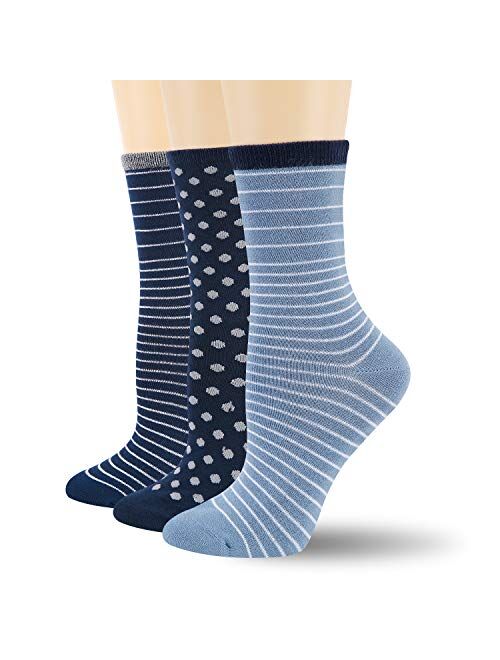 +MD Womens Bamboo Crew Moisture Wicking Stripe Pattern Assorted Causal Socks, 3 Pack