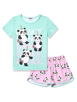 Kids Short Sleeve Animal Print Round Neck Pajamas 2 Piece Set for Girl, Size 3-13