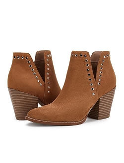 Ermonn Women's Chunky Block Heel Ankle Boots V Cut Out Slip on Round Toe Rivet Fall Western Booties