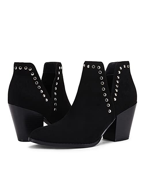 Ermonn Women's Chunky Block Heel Ankle Boots V Cut Out Slip on Round Toe Rivet Fall Western Booties