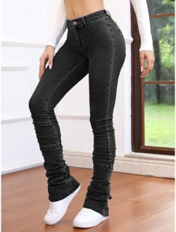 Solid Ruched Skinny Stacked Jeans