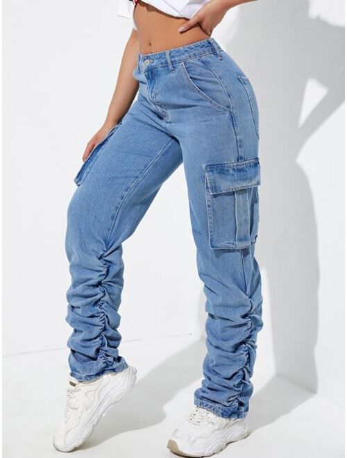Buy Shein Flap Pocket Stacked Jeans online | Topofstyle