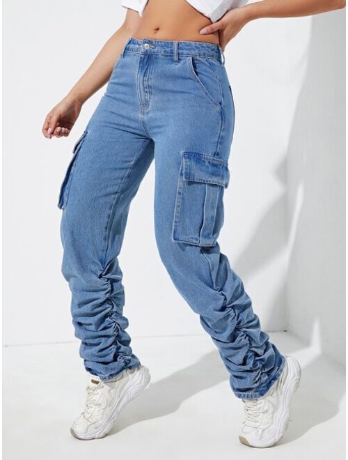 Buy Shein Flap Pocket Stacked Jeans online | Topofstyle