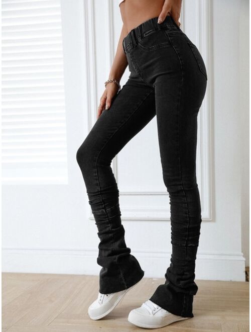 Shein Elastic Waist Raw Cut Stacked Jeans