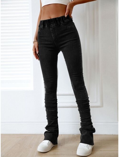 Shein Elastic Waist Raw Cut Stacked Jeans