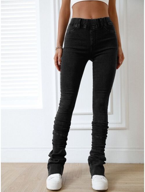 Shein Elastic Waist Raw Cut Stacked Jeans