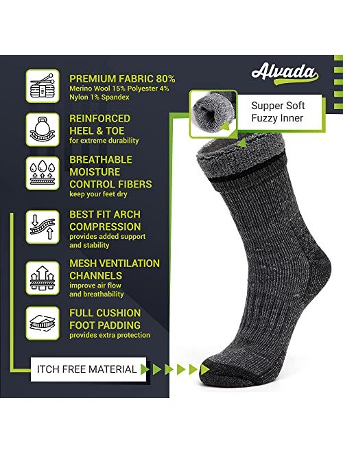 Alvada 80% Merino Wool Hiking Socks Thermal Warm Crew Winter Boot Sock for Men & Women 3 Pairs