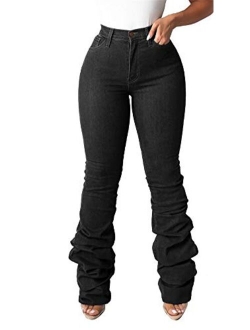 Huisifang Women Classic Stacked Denim Pants High Waist Classic Skinny Stretch Jeans Long Trouser with Pockets