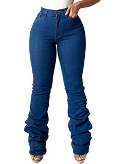 Huisifang Women Classic Stacked Denim Pants High Waist Classic Skinny Stretch Jeans Long Trouser with Pockets