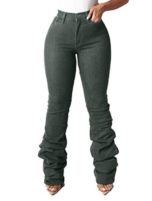 Huisifang Women Classic Stacked Denim Pants High Waist Classic Skinny Stretch Jeans Long Trouser with Pockets